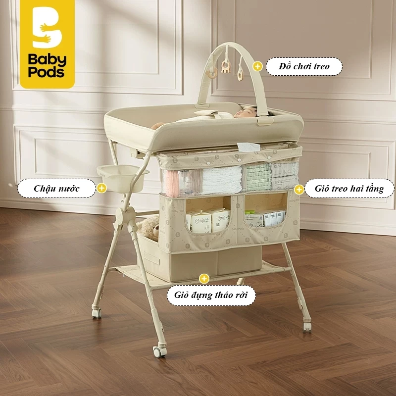 Bàn thay tã, quần áo đa năng di động, xếp gọn, tùy chỉnh độ cao hiệu Babypods (tặng đồ chơi treo)