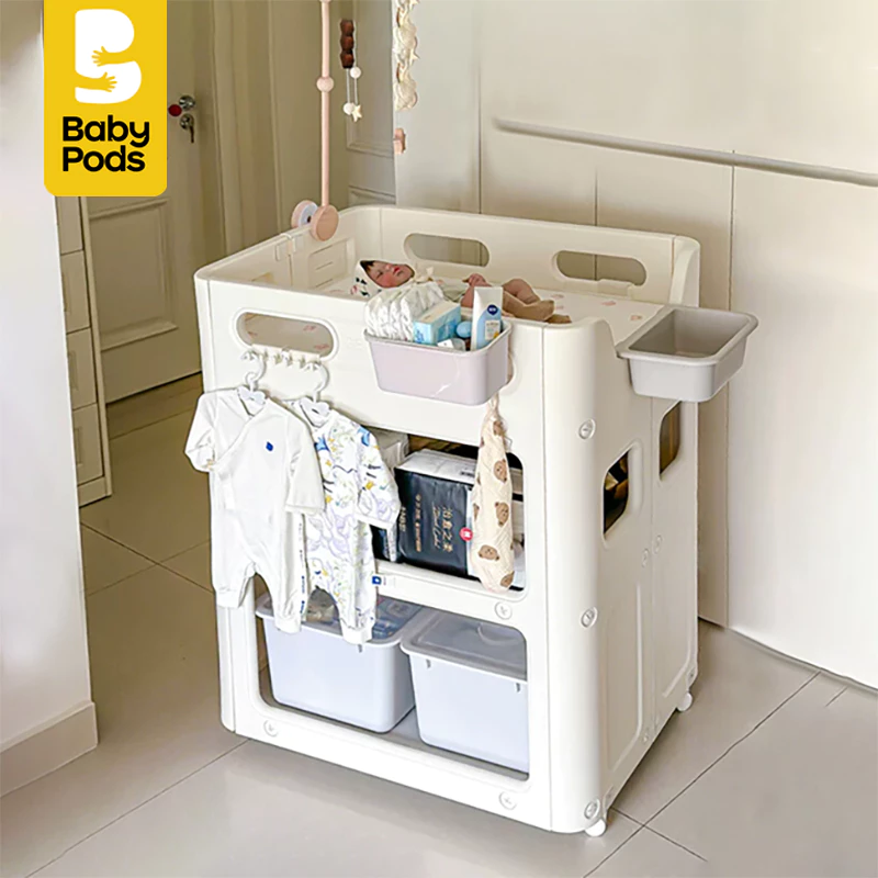 Bàn thay tã, quần áo kết hợp kệ đựng đồ di động cho bé Babypods mẫu Classic (đệm silicone)